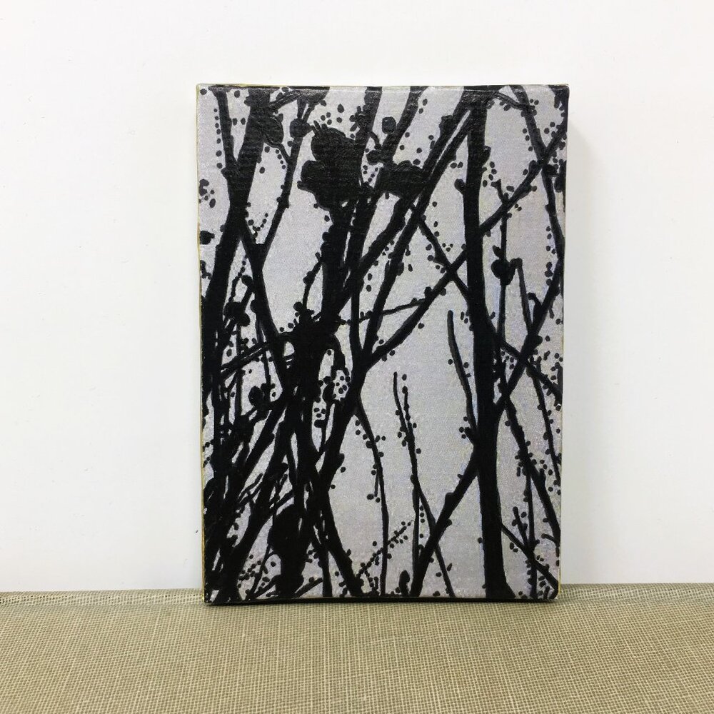 Miniature Rectangle Gray Black Stippled Branches Ink Drawing on Canvas Wall Art